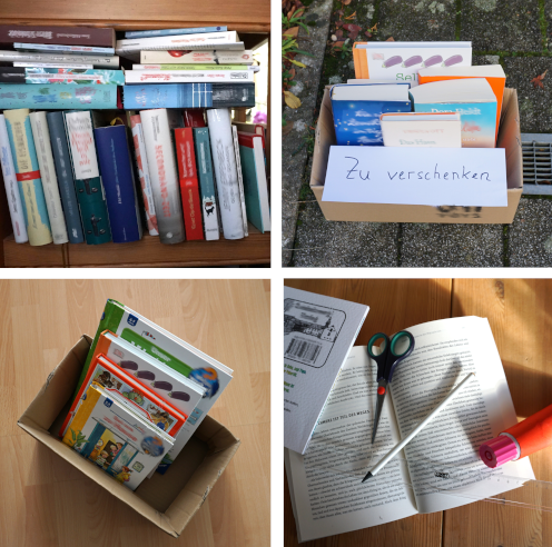 Bild aus 4 Teilbildern: Teilbild 1: übervolles Fach im Bücherregal, Teilbild 2: kleiner Karton mit wenigen Büchern und einem Schild "zu verschenken", Teilbild 3: kleiner Karton mit Kinderbüchern, Teilbild 4: aufgeschlagenes Buch mit Schere, Lineal, Bleistift und Kleber