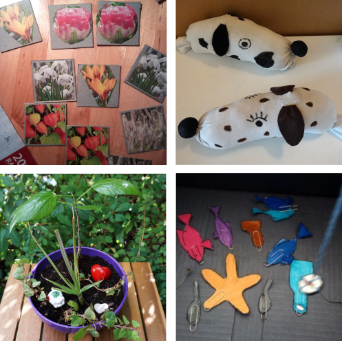 Sammelbild aus 4 Teilbildern: Bild 1: ein selbstgemachtes Memory, Bild 2: Hundeköpfe aus weißen Socken gebastelt, Bild 3: Mini-Garten in einer Schüssel, Bild 4: selbstgebasteltes Angelspiel